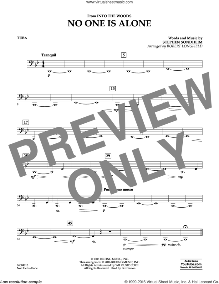 No One Is Alone sheet music for concert band (tuba) by Stephen Sondheim and Robert Longfield, intermediate skill level