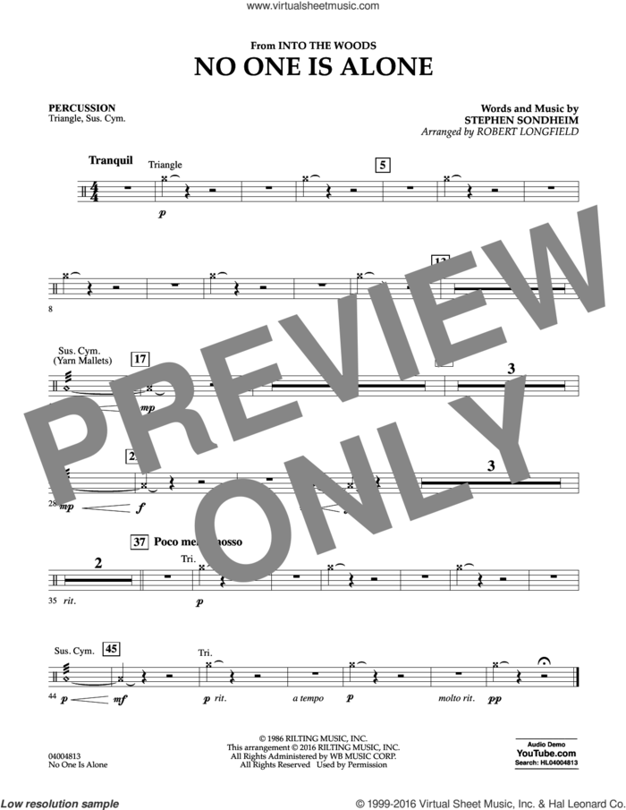 No One Is Alone sheet music for concert band (percussion) by Stephen Sondheim and Robert Longfield, intermediate skill level