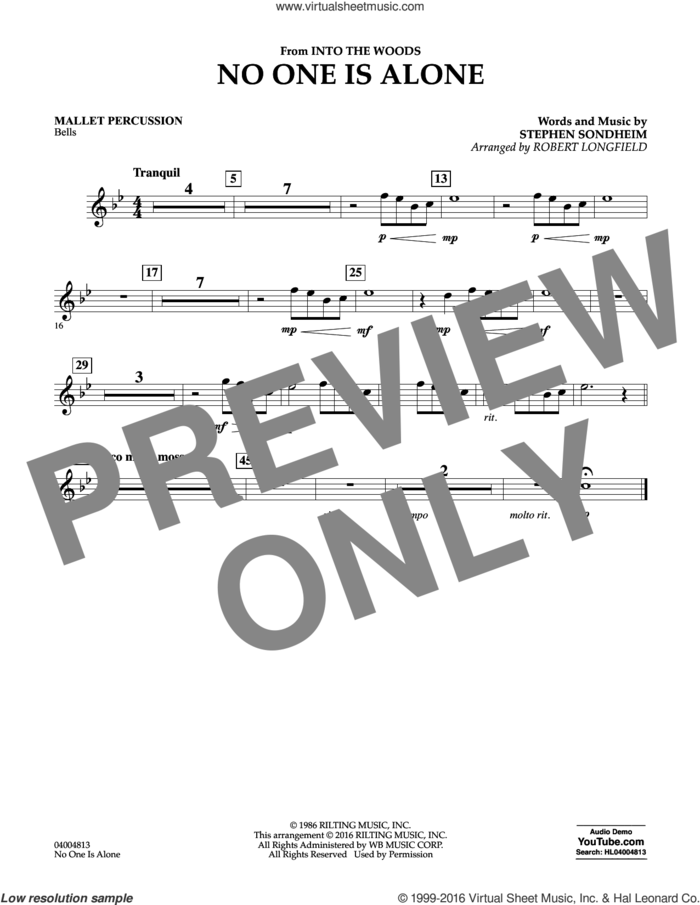 No One Is Alone sheet music for concert band (mallet percussion) by Stephen Sondheim and Robert Longfield, intermediate skill level