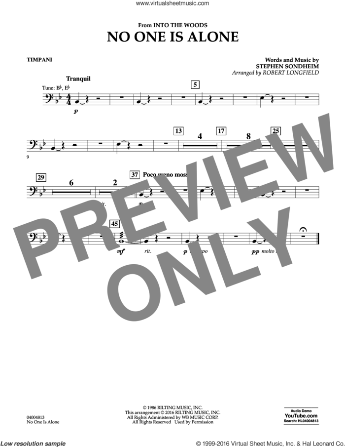 No One Is Alone sheet music for concert band (timpani) by Stephen Sondheim and Robert Longfield, intermediate skill level