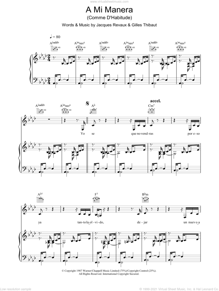 A Mi Manera (Comme D'Habitude) sheet music for voice, piano or guitar by The Gipsy Kings, Gilles Thibaut and Jacques Revaux, intermediate skill level
