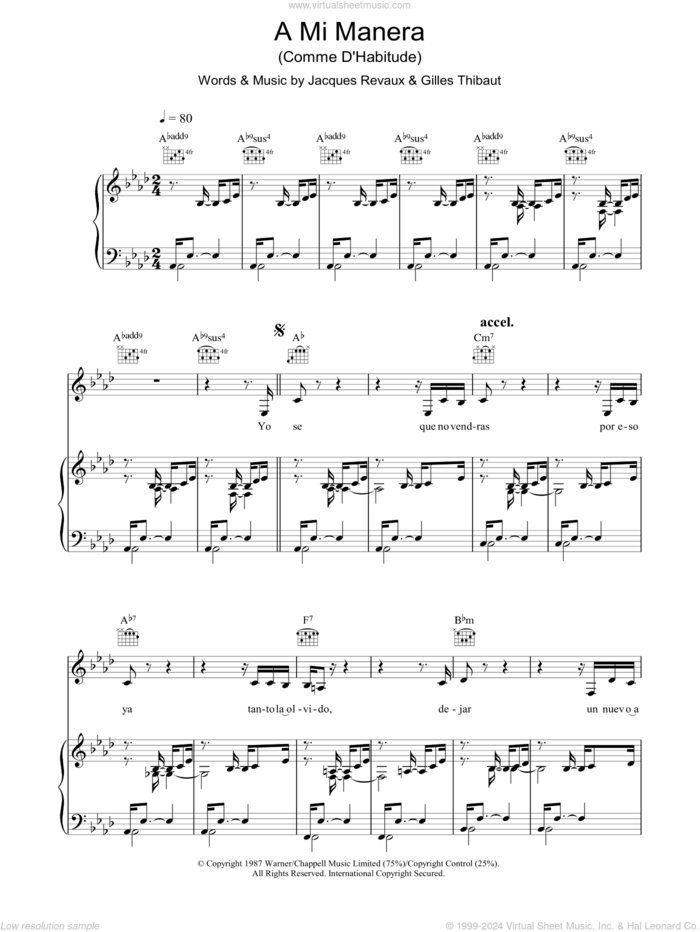 A Mi Manera (Comme D'Habitude) sheet music for voice, piano or guitar by The Gipsy Kings, Gilles Thibaut and Jacques Revaux, intermediate skill level