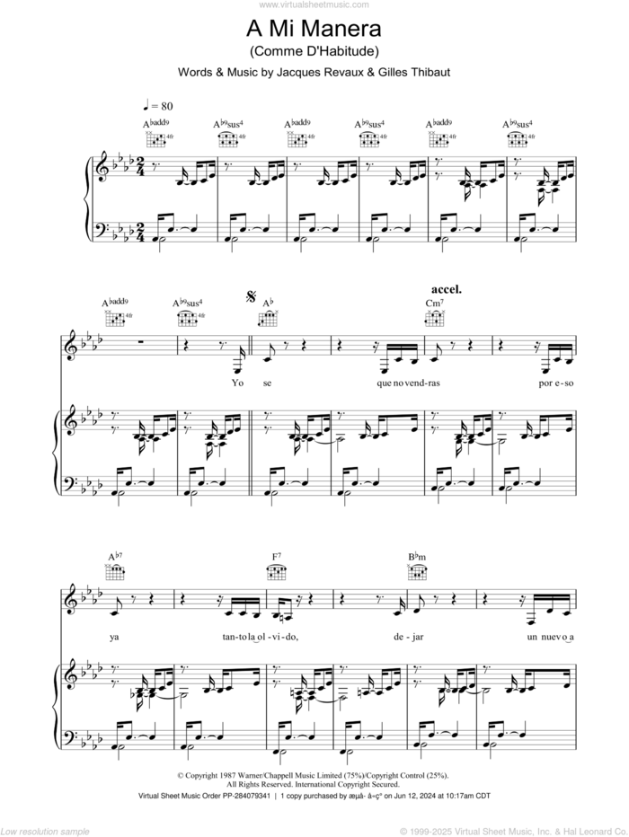 A Mi Manera (Comme D'Habitude) sheet music for voice, piano or guitar by The Gipsy Kings, Gilles Thibaut and Jacques Revaux, intermediate skill level