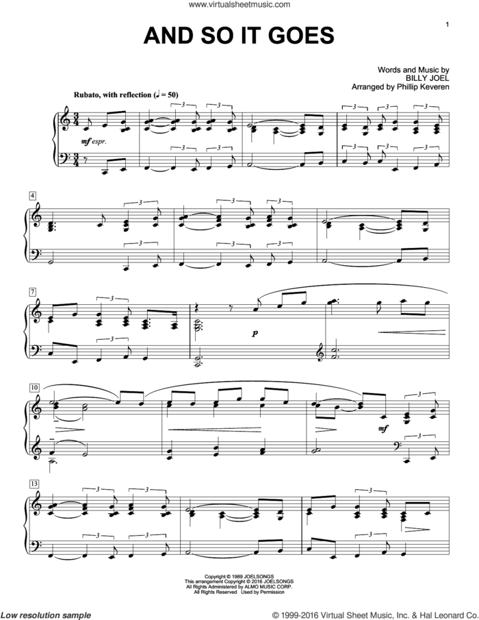 And So It Goes [Classical version] (arr. Phillip Keveren) sheet music for piano solo by Phillip Keveren, Billy Joel and Billy Joel (Arr. Phillip Keveren), intermediate skill level