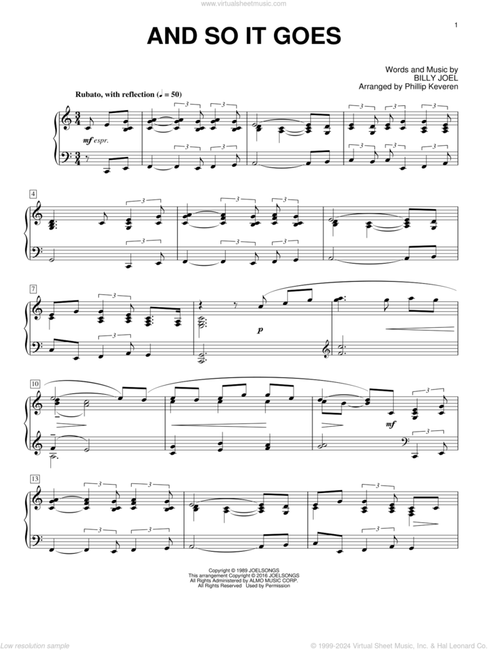 And So It Goes [Classical version] (arr. Phillip Keveren) sheet music for piano solo by Phillip Keveren, Billy Joel and Billy Joel (Arr. Phillip Keveren), intermediate skill level