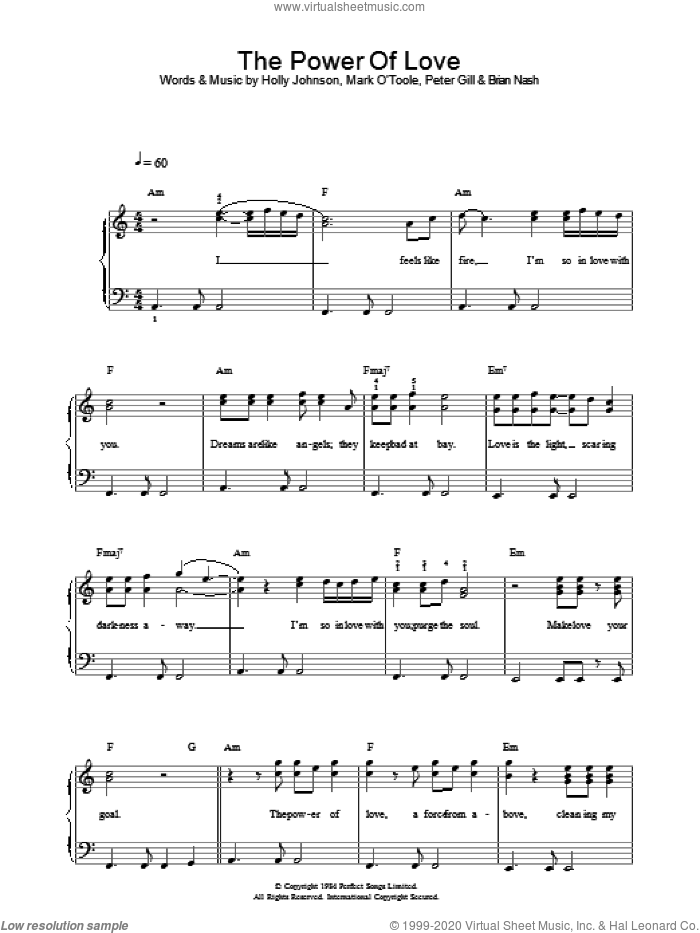 The Power Of Love sheet music for piano solo (beginners) by Peter Gill, Brian Nash and Holly Johnson, beginner piano (beginners)