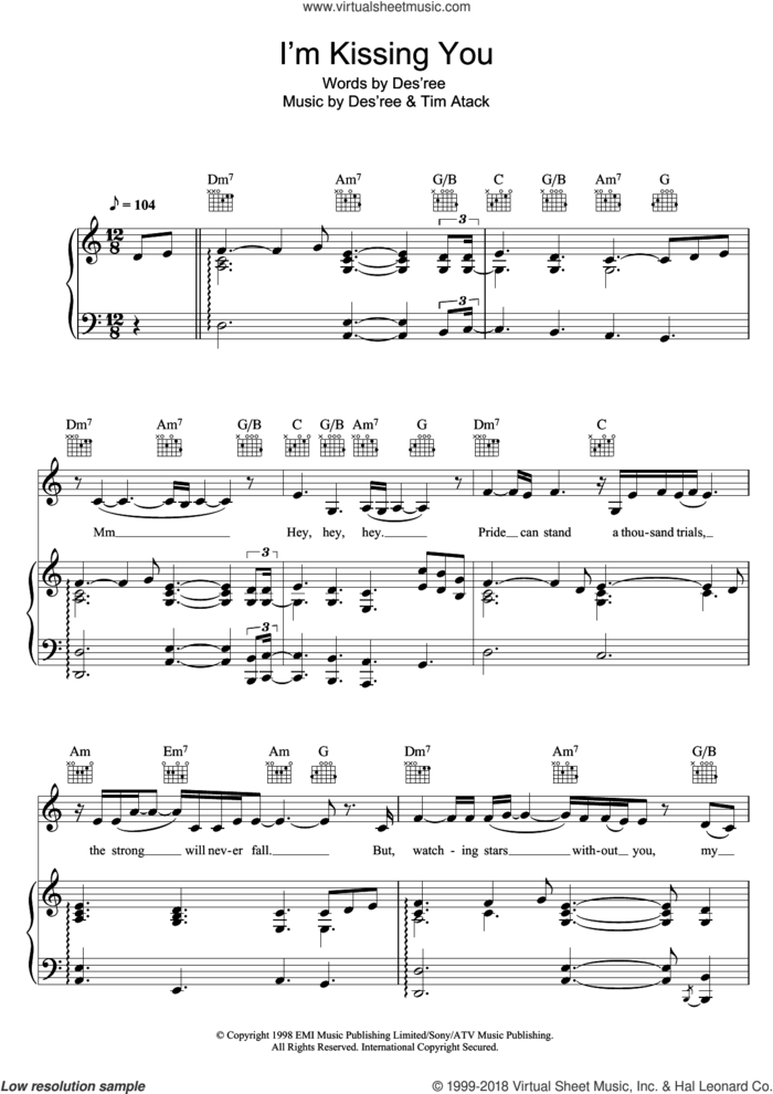 I'm Kissing You sheet music for voice, piano or guitar by Des'ree and Tim Atack, intermediate skill level