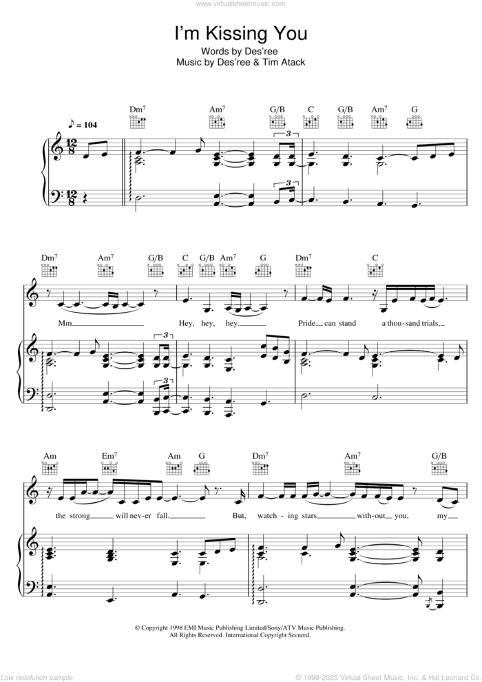 I'm Kissing You sheet music for voice, piano or guitar by Des'ree and Tim Atack, intermediate skill level