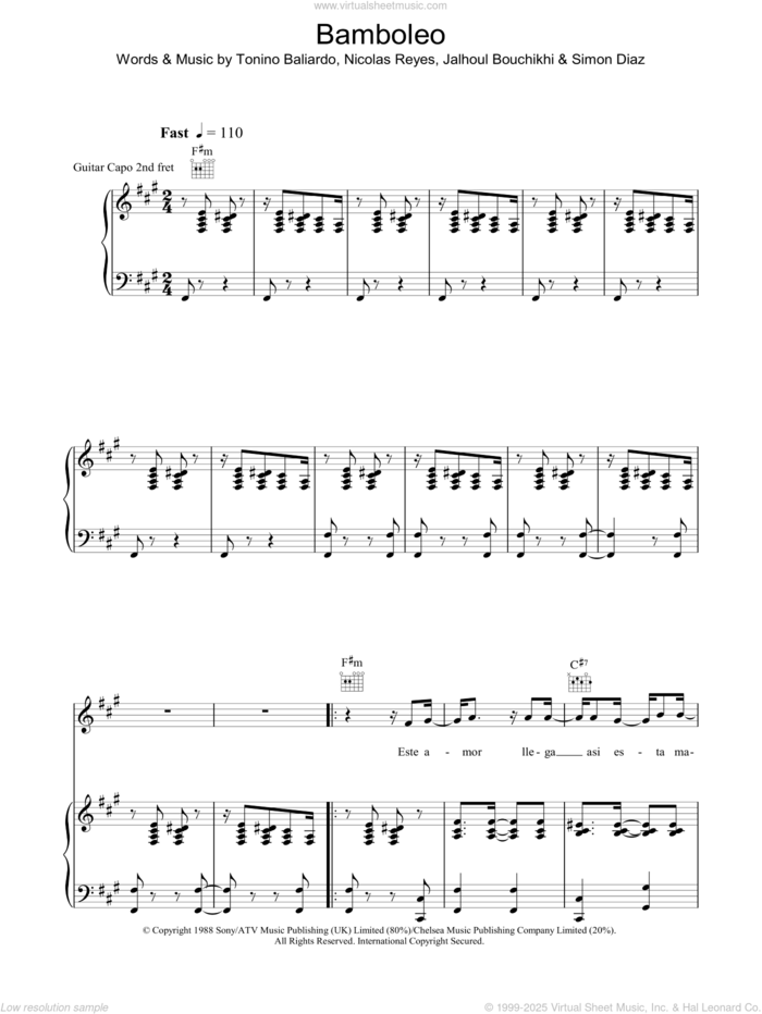 Bamboleo sheet music for voice, piano or guitar by The Gipsy Kings, Jahloul Bouchikhi, Nicolas Reyes, Simon Diaz and Tonino Baliardo, intermediate skill level