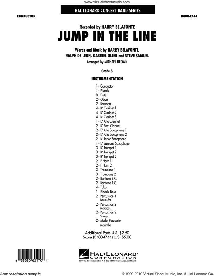 Jump in the Line (COMPLETE) sheet music for concert band by Michael Brown, Gabriel Oller, Harry Belafonte, Jeff Simmons, Ralph De Leon, Raymond Bell, Steve Primatic and Steve Samuel, intermediate skill level