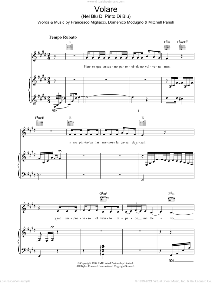 Volare (Nel Blu Di Pinto Di Blu) sheet music for voice, piano or guitar by Mitchell Parish, The Gipsy Kings, Domenico Modugno and Franco Migliacci, intermediate skill level