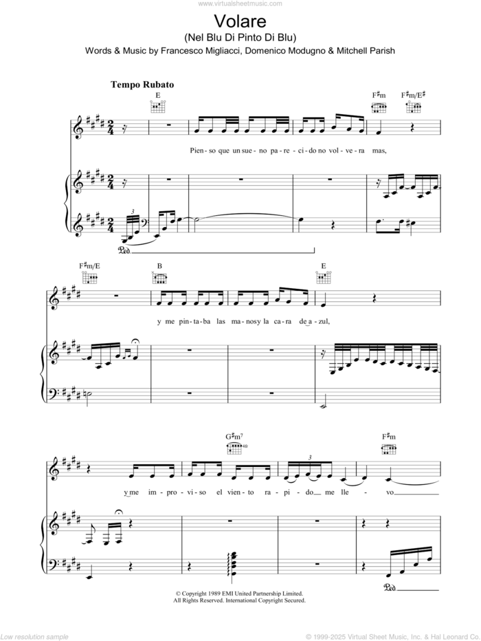 Volare (Nel Blu Di Pinto Di Blu) sheet music for voice, piano or guitar by Mitchell Parish, The Gipsy Kings, Domenico Modugno and Franco Migliacci, intermediate skill level