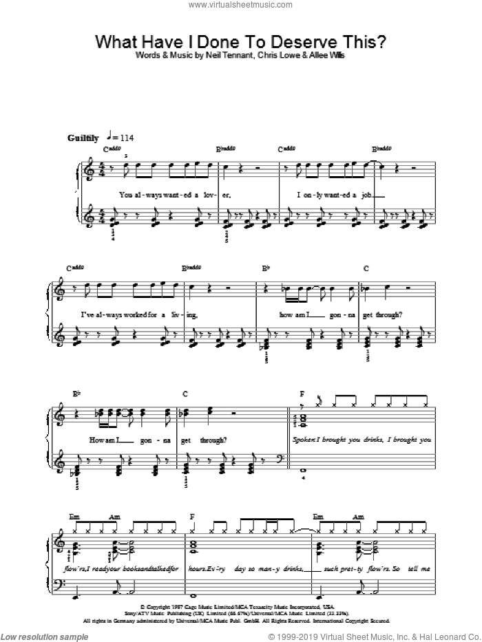 What Have I Done To Deserve This? sheet music for voice, piano or guitar by The Pet Shop Boys, Allee Willis, Chris Lowe and Neil Tennant, intermediate skill level