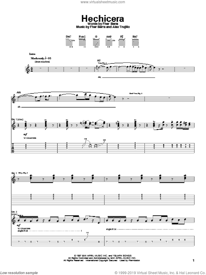 Hechicera sheet music for guitar (tablature) by Mana, Alex Trujillo and Fher Sierra, intermediate skill level