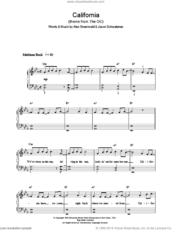 California (theme from The OC) sheet music for voice, piano or guitar by Phantom Planet, Alex Greenwald and Jason Schwartzman, intermediate skill level