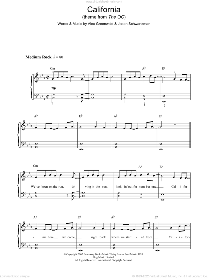 California (theme from The OC) sheet music for voice, piano or guitar by Phantom Planet, Alex Greenwald and Jason Schwartzman, intermediate skill level