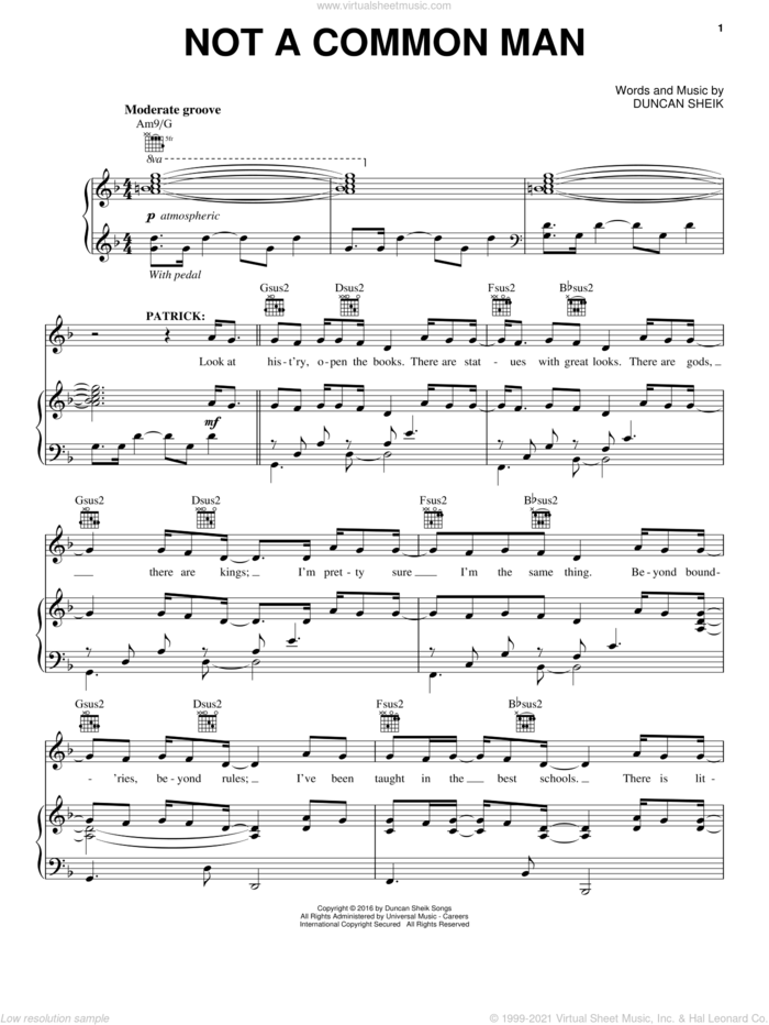 Not A Common Man sheet music for voice, piano or guitar by Duncan Sheik, intermediate skill level