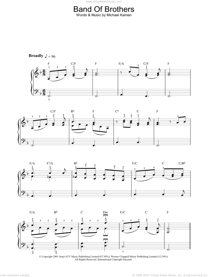 Band Of Brothers sheet music for piano solo by Michael Kamen, intermediate skill level