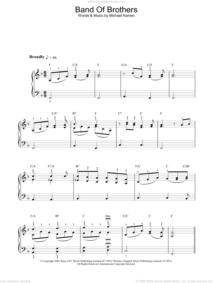 Band Of Brothers sheet music for piano solo by Michael Kamen, intermediate skill level