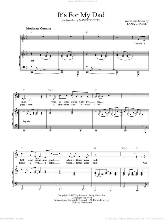 It's For My Dad sheet music for voice and piano by Nancy Sinatra and Lana Chapel, intermediate skill level