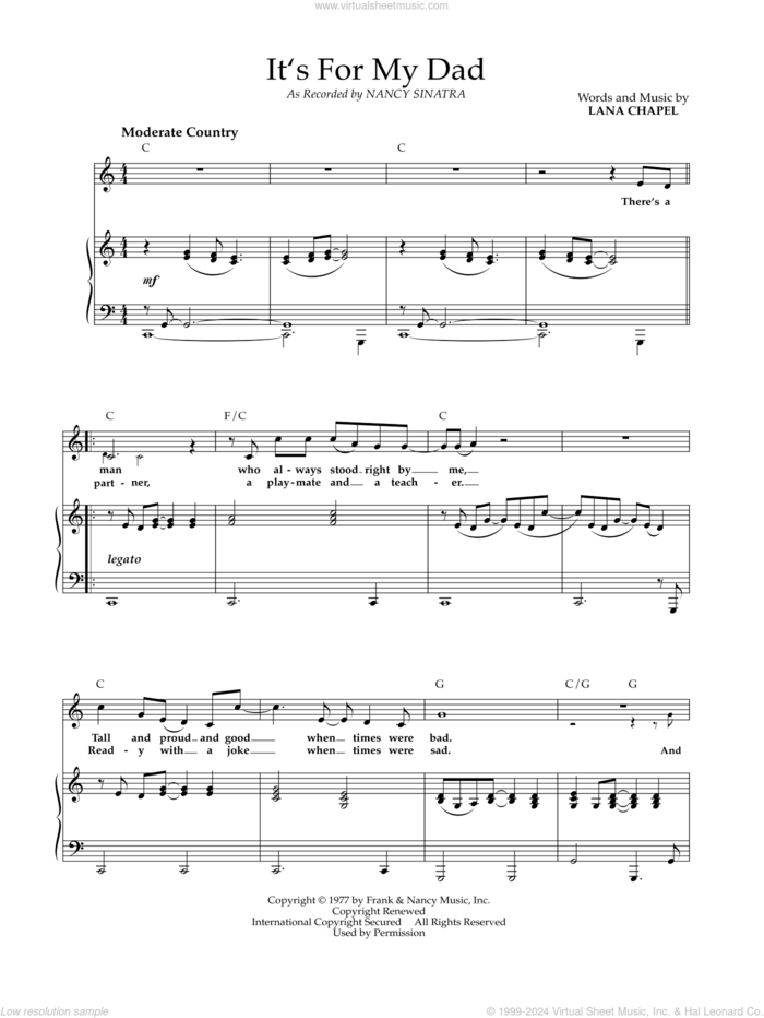 It's For My Dad sheet music for voice and piano by Nancy Sinatra and Lana Chapel, intermediate skill level