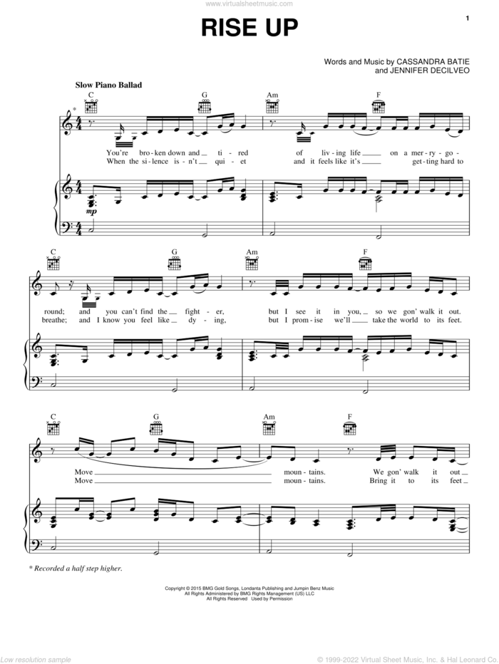 Rise Up sheet music for voice, piano or guitar by Andra Day, Cassandra Batie and Jennifer Decilveo, intermediate skill level