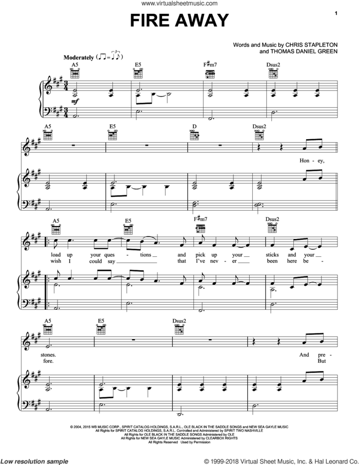 Fire Away sheet music for voice, piano or guitar by Chris Stapleton and Danny Green, intermediate skill level