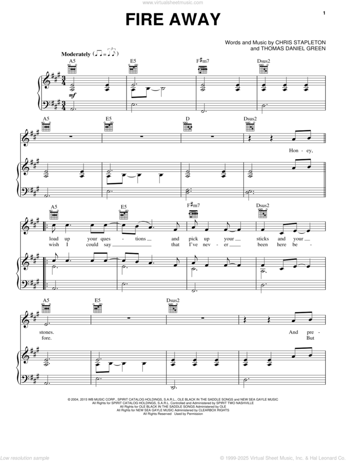 Fire Away sheet music for voice, piano or guitar by Chris Stapleton and Danny Green, intermediate skill level