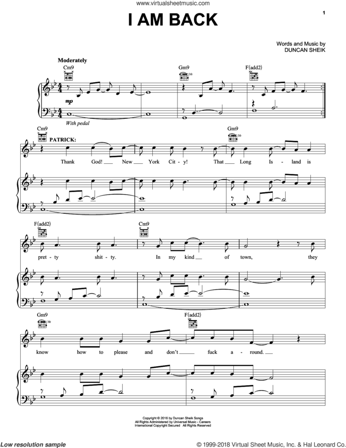 I Am Back sheet music for voice, piano or guitar by Duncan Sheik, intermediate skill level
