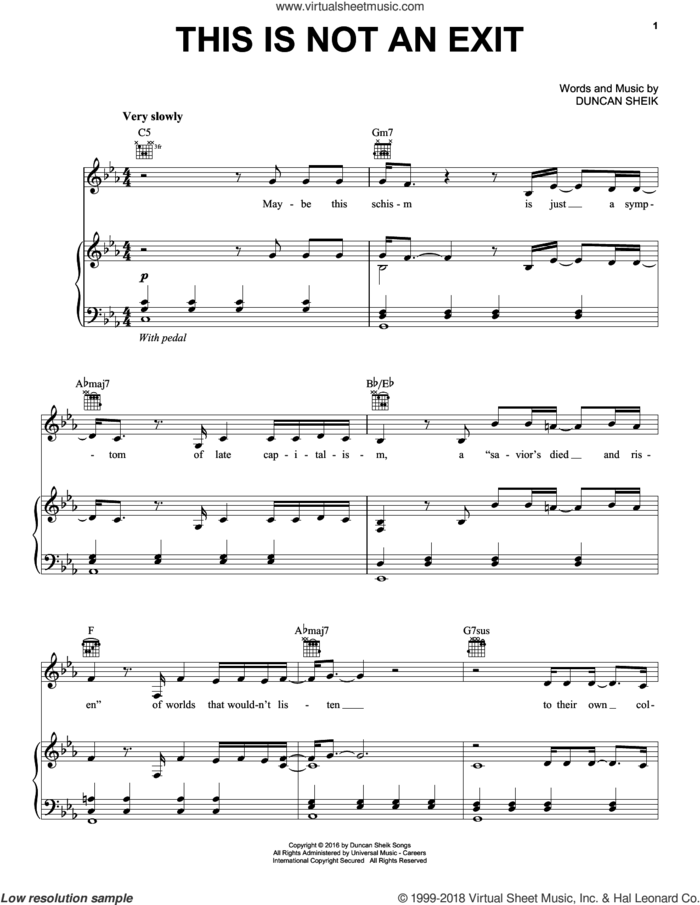 This Is Not An Exit sheet music for voice, piano or guitar by Duncan Sheik, intermediate skill level