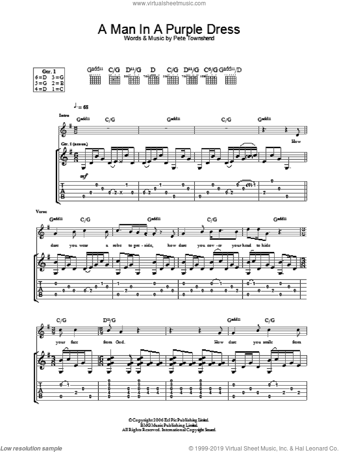 A Man In A Purple Dress sheet music for guitar (tablature) by The Who and Pete Townshend, intermediate skill level