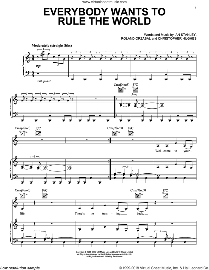 Everybody Wants To Rule The World sheet music for voice, piano or guitar by Duncan Sheik, Tears For Fears, Christopher Hughes, Ian Stanley and Roland Orzabal, intermediate skill level