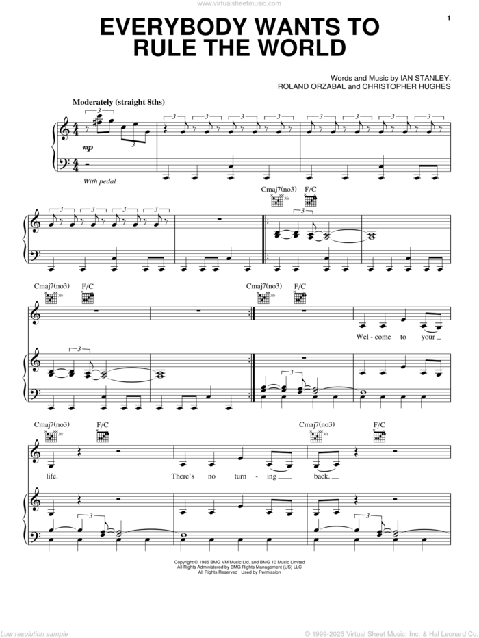 Everybody Wants To Rule The World sheet music for voice, piano or guitar by Duncan Sheik, Tears For Fears, Christopher Hughes, Ian Stanley and Roland Orzabal, intermediate skill level