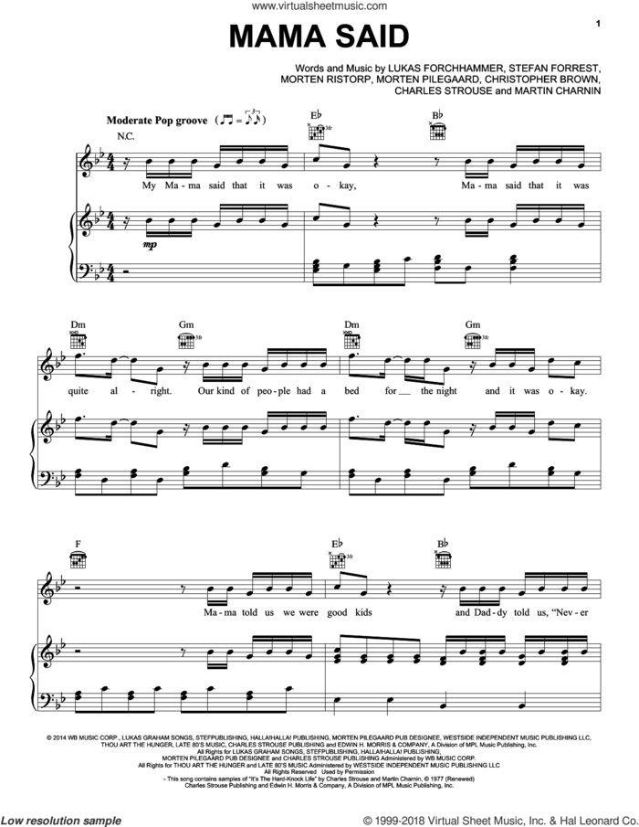 Mama Said sheet music for voice, piano or guitar by Lukas Graham, Charles Strouse, Chris Brown, Lukas Forchhammer, Martin Charnin, Morten Pilegaard, Morten Ristorp and Stefan Forrest, intermediate skill level