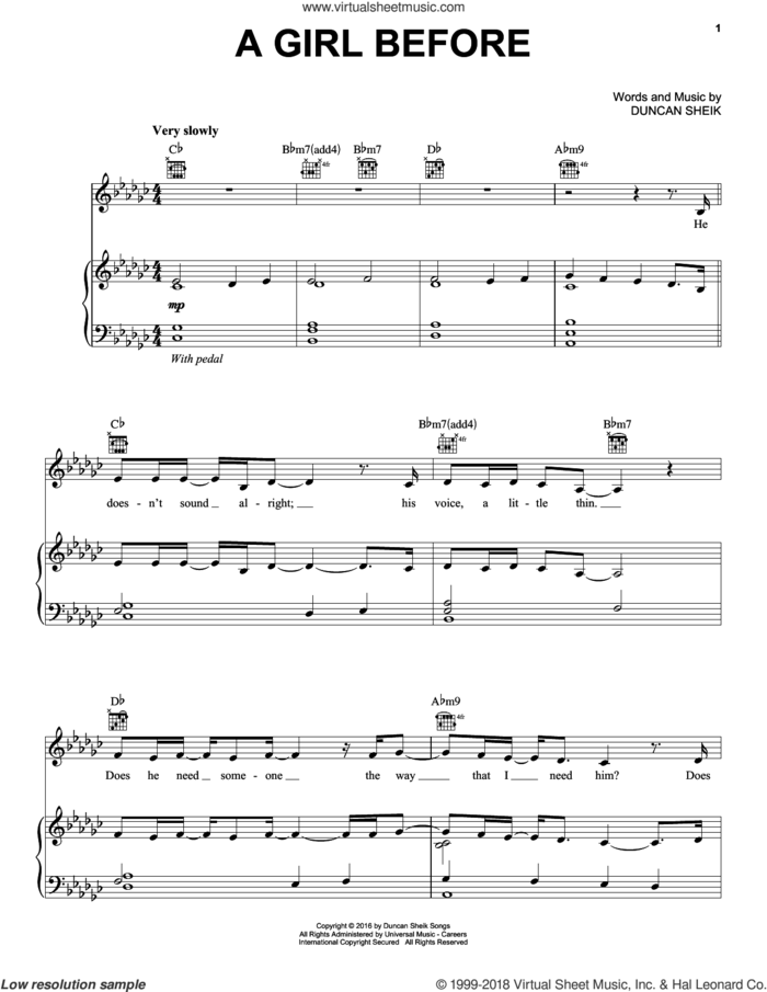 A Girl Before sheet music for voice, piano or guitar by Duncan Sheik, intermediate skill level