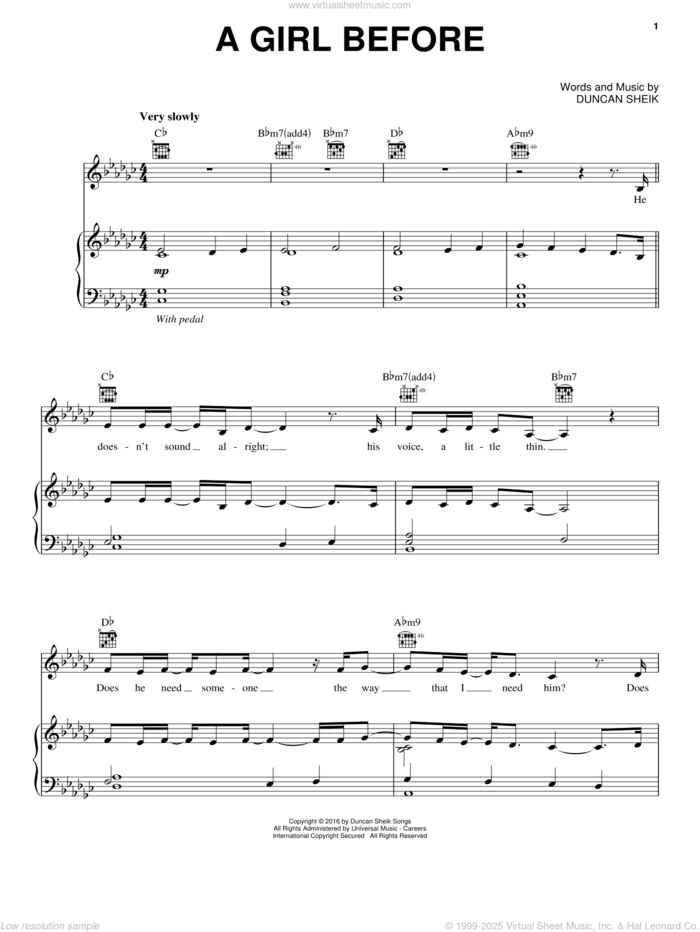 A Girl Before sheet music for voice, piano or guitar by Duncan Sheik, intermediate skill level