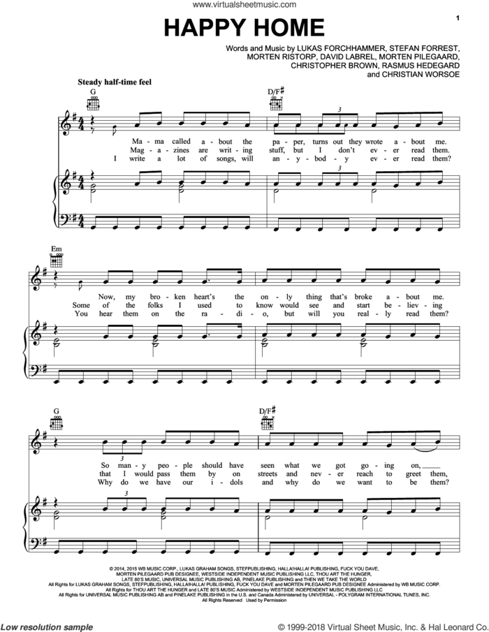Happy Home sheet music for voice, piano or guitar by Lukas Graham, Chris Brown, Christian Worsoe, David Labrel, Lukas Forchhammer, Morten Pilegaard, Morten Ristorp, Rasmus Hedegard and Stefan Forrest, intermediate skill level