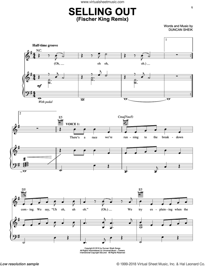 Selling Out (Fischer King Remix) sheet music for voice, piano or guitar by Duncan Sheik, intermediate skill level