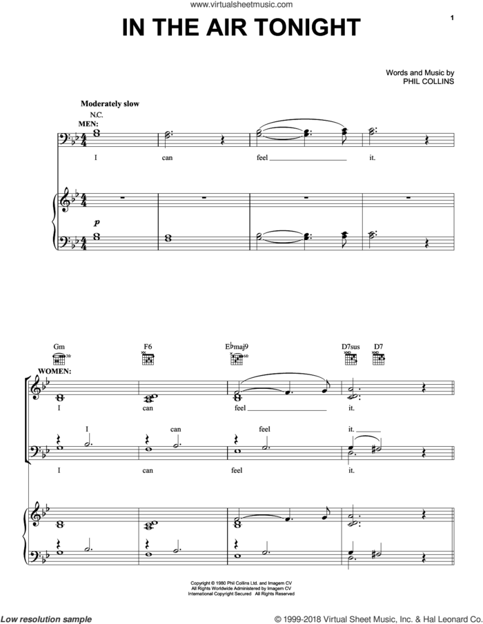 In The Air Tonight sheet music for voice, piano or guitar by Phil Collins and Duncan Sheik, intermediate skill level
