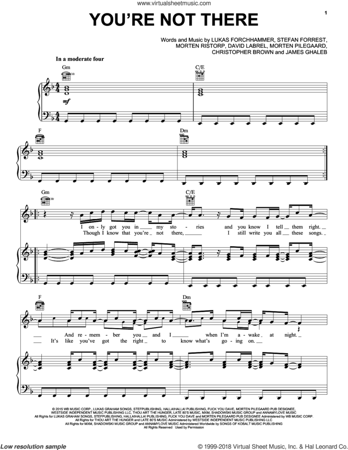 You're Not There sheet music for voice, piano or guitar by Lukas Graham, Chris Brown, David Labrel, James Ghaleb, Lukas Forchhammer, Morten Pilegaard, Morten Ristorp and Stefan Forrest, intermediate skill level