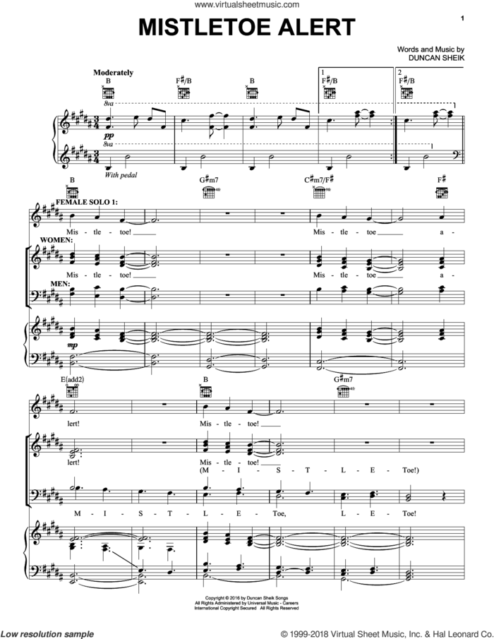 Mistletoe Alert sheet music for voice, piano or guitar by Duncan Sheik, intermediate skill level