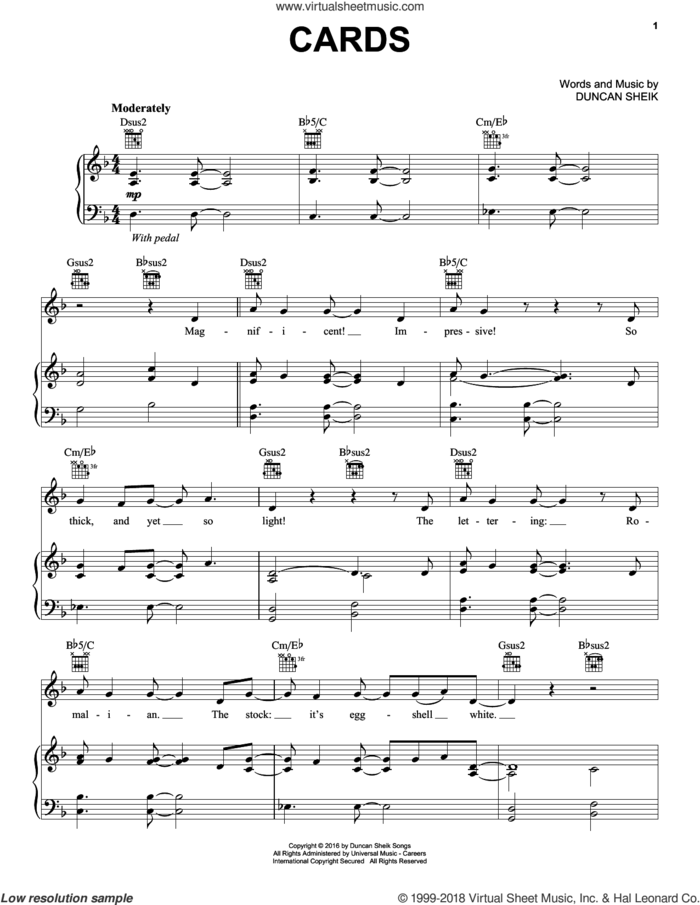 Cards sheet music for voice, piano or guitar by Duncan Sheik, intermediate skill level