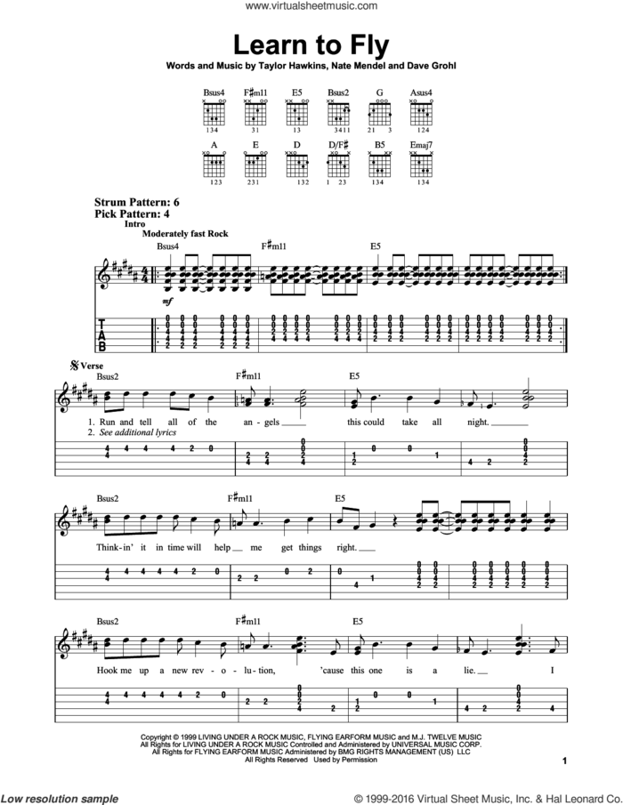 Learn To Fly sheet music for guitar solo (easy tablature) by Foo Fighters, Dave Grohl, Nate Mendel and Taylor Hawkins, easy guitar (easy tablature)