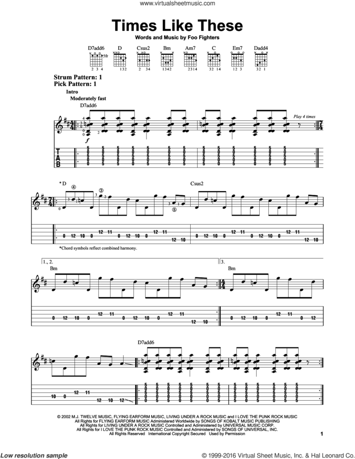 Times Like These sheet music for guitar solo (easy tablature) by Foo Fighters, easy guitar (easy tablature)
