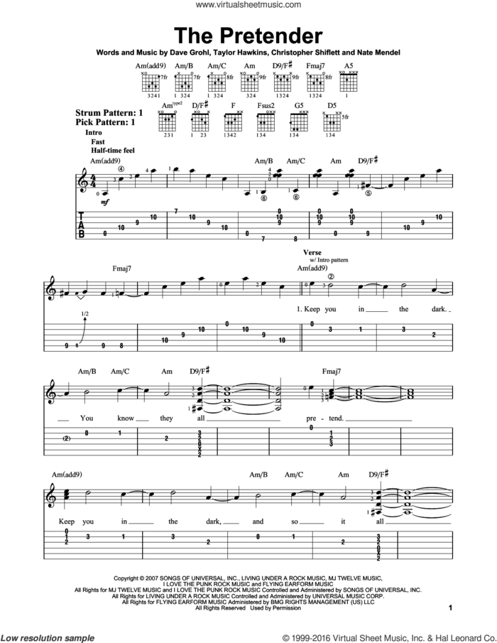 The Pretender sheet music for guitar solo (easy tablature) by Foo Fighters, Christopher Shiflett, Dave Grohl, Nate Mendel and Taylor Hawkins, easy guitar (easy tablature)