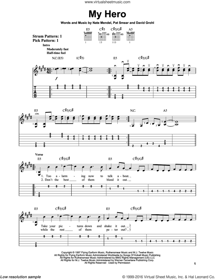 My Hero sheet music for guitar solo (easy tablature) by Foo Fighters, Dave Grohl, Nate Mendel and Pat Smear, easy guitar (easy tablature)