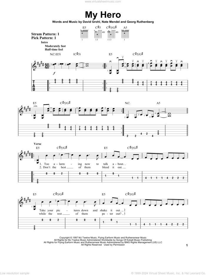 My Hero sheet music for guitar solo (easy tablature) by Foo Fighters, Dave Grohl, Nate Mendel and Pat Smear, easy guitar (easy tablature)