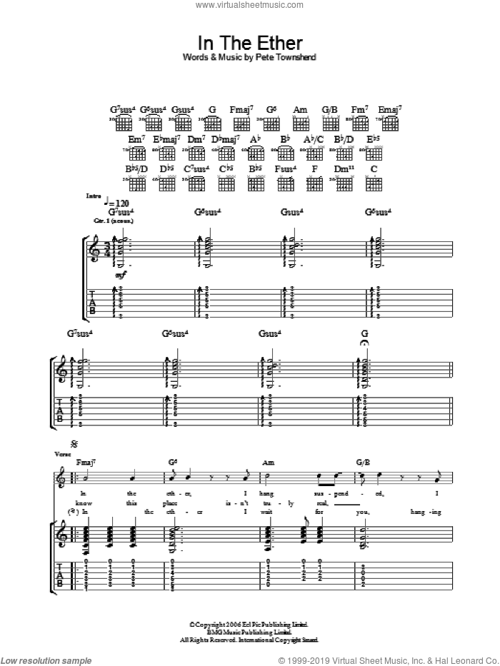 In The Ether sheet music for guitar (tablature) by The Who and Pete Townshend, intermediate skill level
