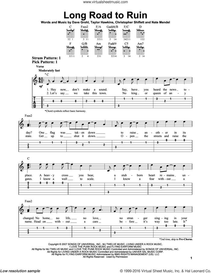 Long Road To Ruin sheet music for guitar solo (easy tablature) by Foo Fighters, Christopher Shiflett, Dave Grohl, Nate Mendel and Taylor Hawkins, easy guitar (easy tablature)