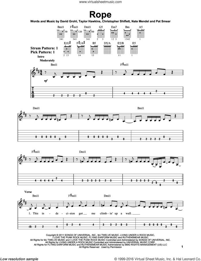 Rope sheet music for guitar solo (easy tablature) by Foo Fighters, Christopher Shiflett, Dave Grohl, Nate Mendel, Pat Smear and Taylor Hawkins, easy guitar (easy tablature)